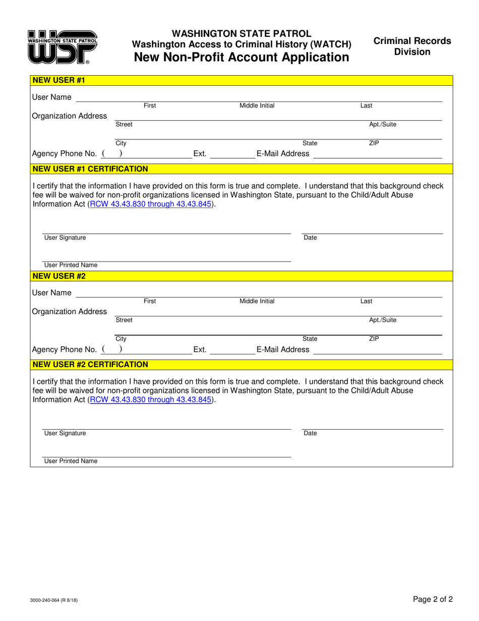 Form 3000-240-064 Washington Access to Criminal History (Watch) New Non-profit Account Application - Washington, Page 2