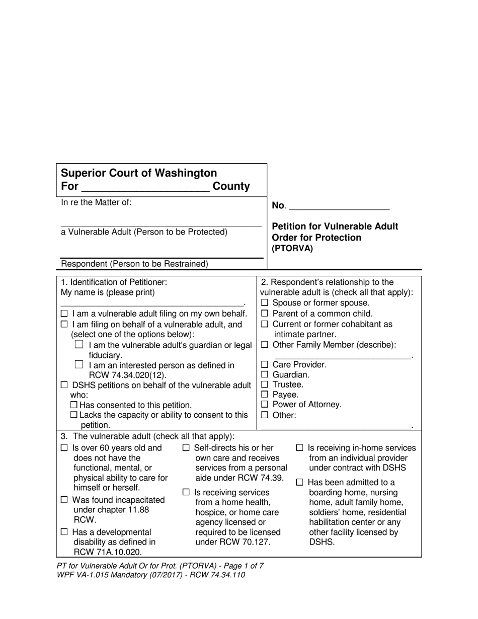 Form WPF VA-1.015 Petition for Vulnerable Adult Order for Protection - Washington, Page 1