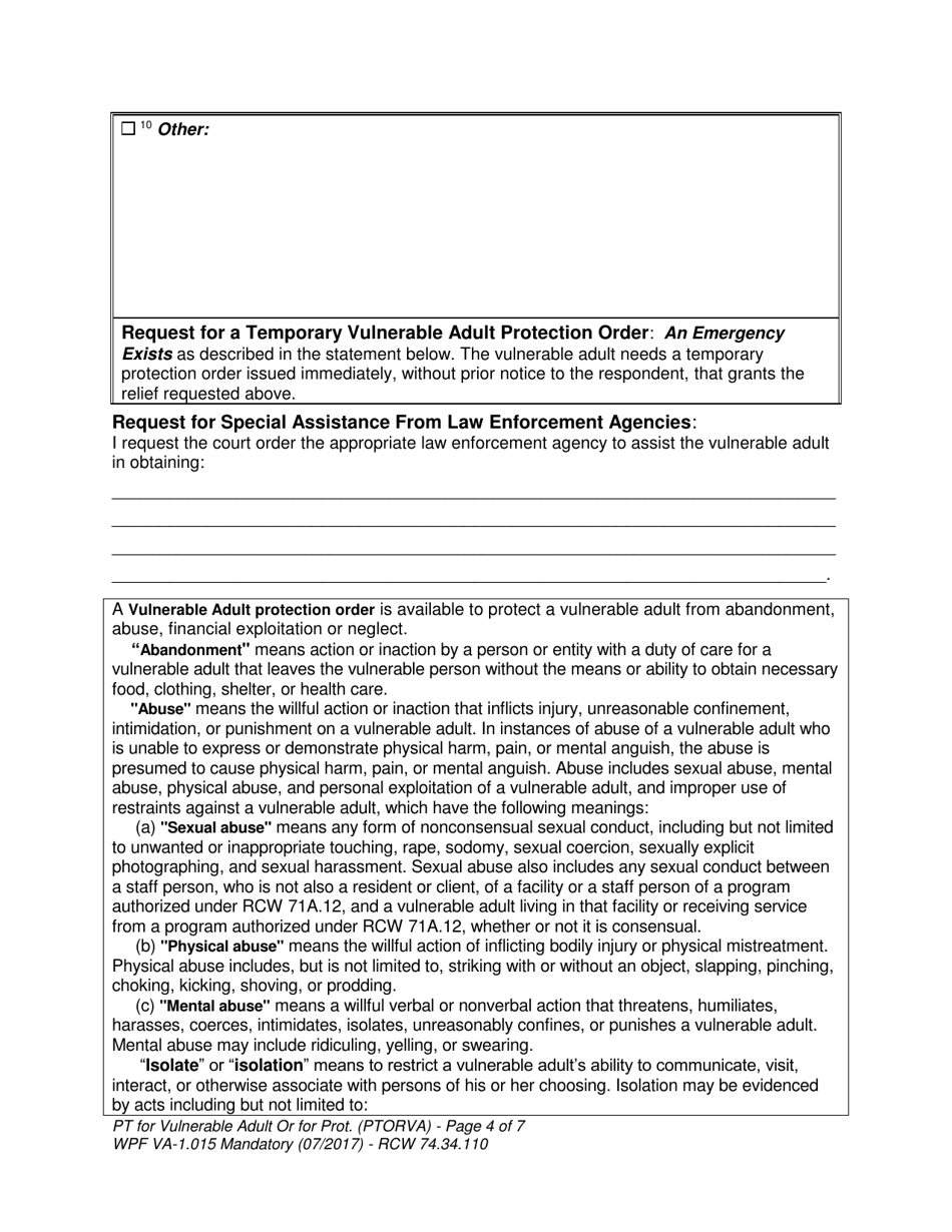 Form WPF VA-1.015 Petition for Vulnerable Adult Order for Protection - Washington, Page 4