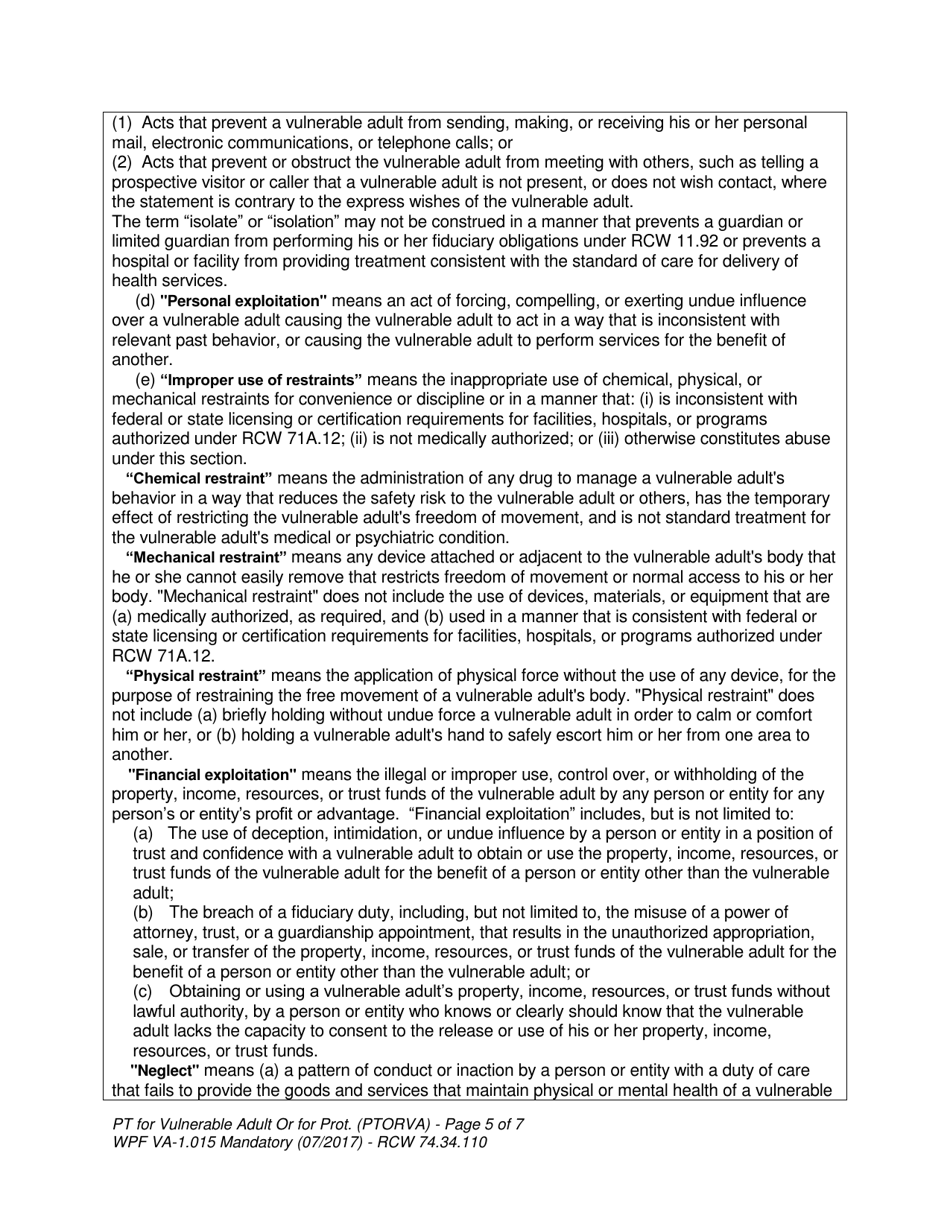Form WPF VA-1.015 Petition for Vulnerable Adult Order for Protection - Washington, Page 5