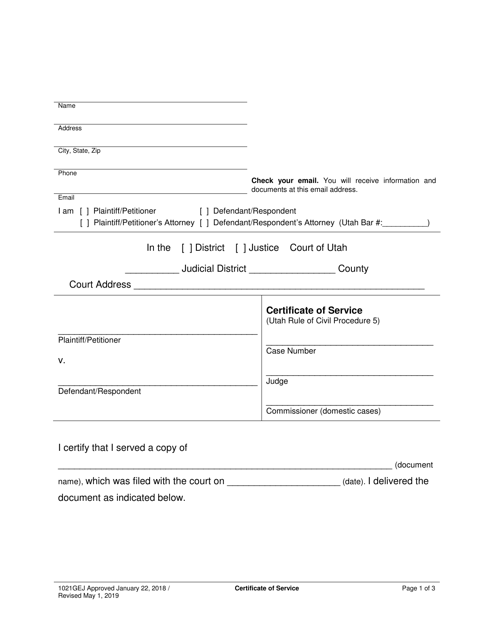 Form 1021GEJ Certificate of Service - Utah
