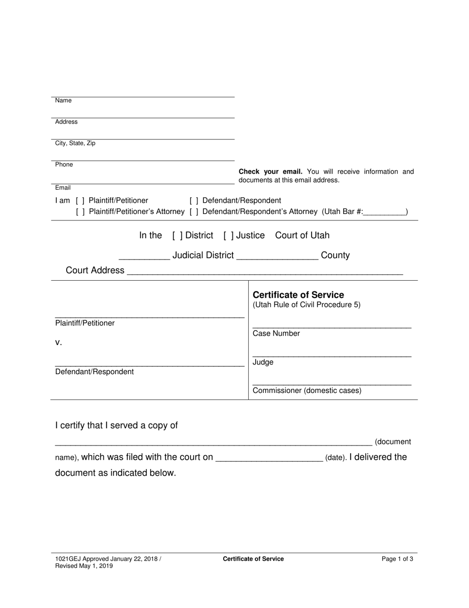 Form 1021GEJ Certificate of Service - Utah, Page 1