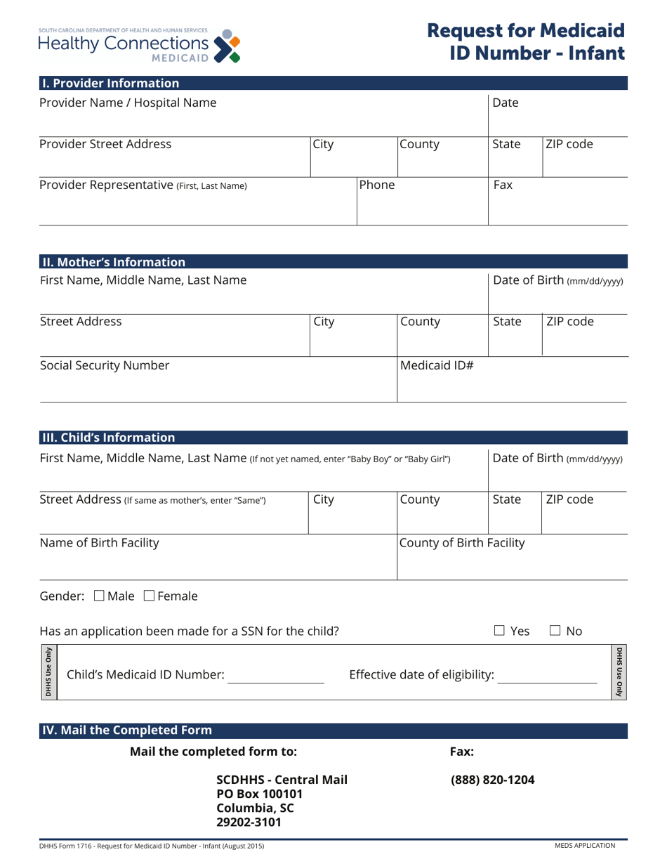 DHHS Form 1716 Request for Medicaid Id Number - Infant - South Carolina, Page 1