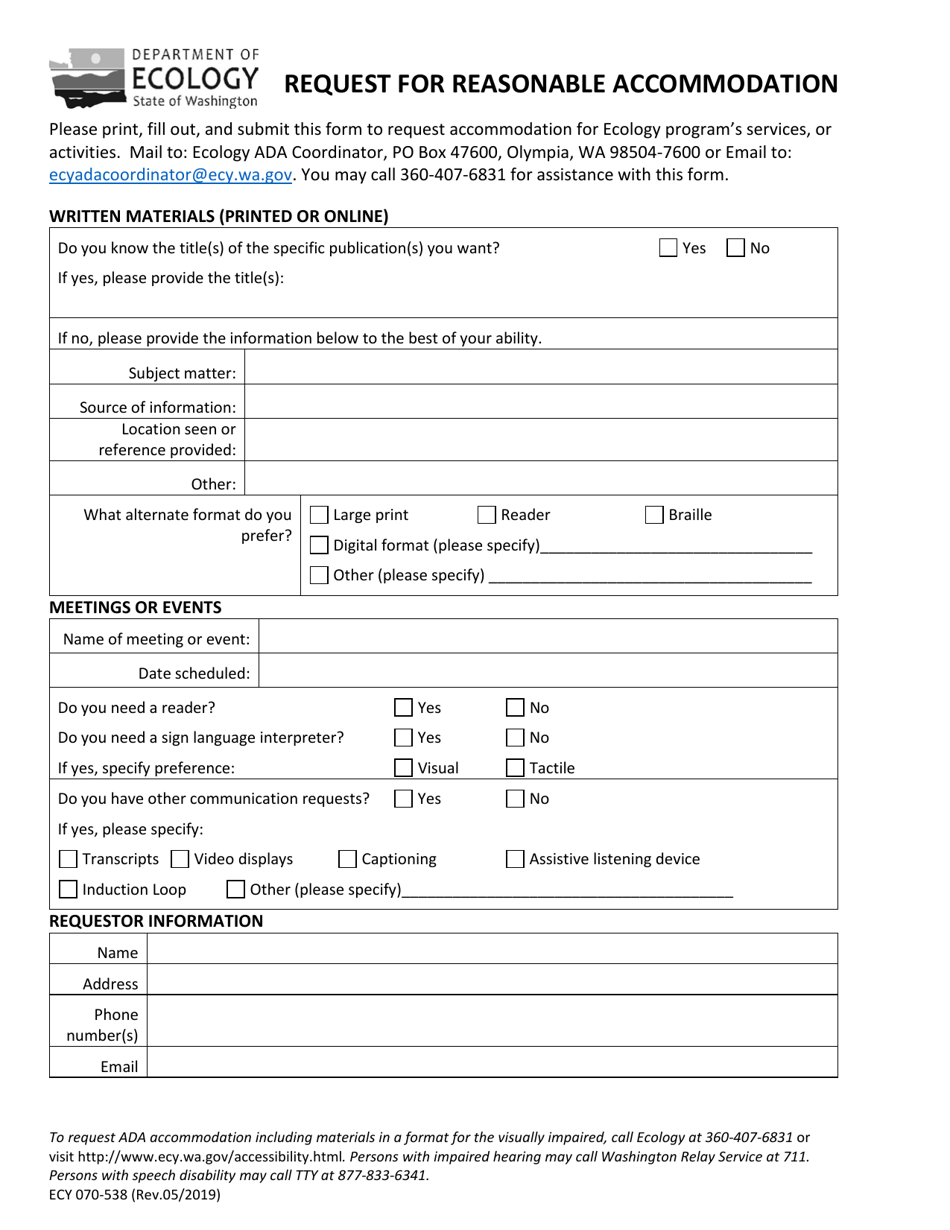 ECY Form 070-538 Request for Reasonable Accommodation - Washington, Page 1