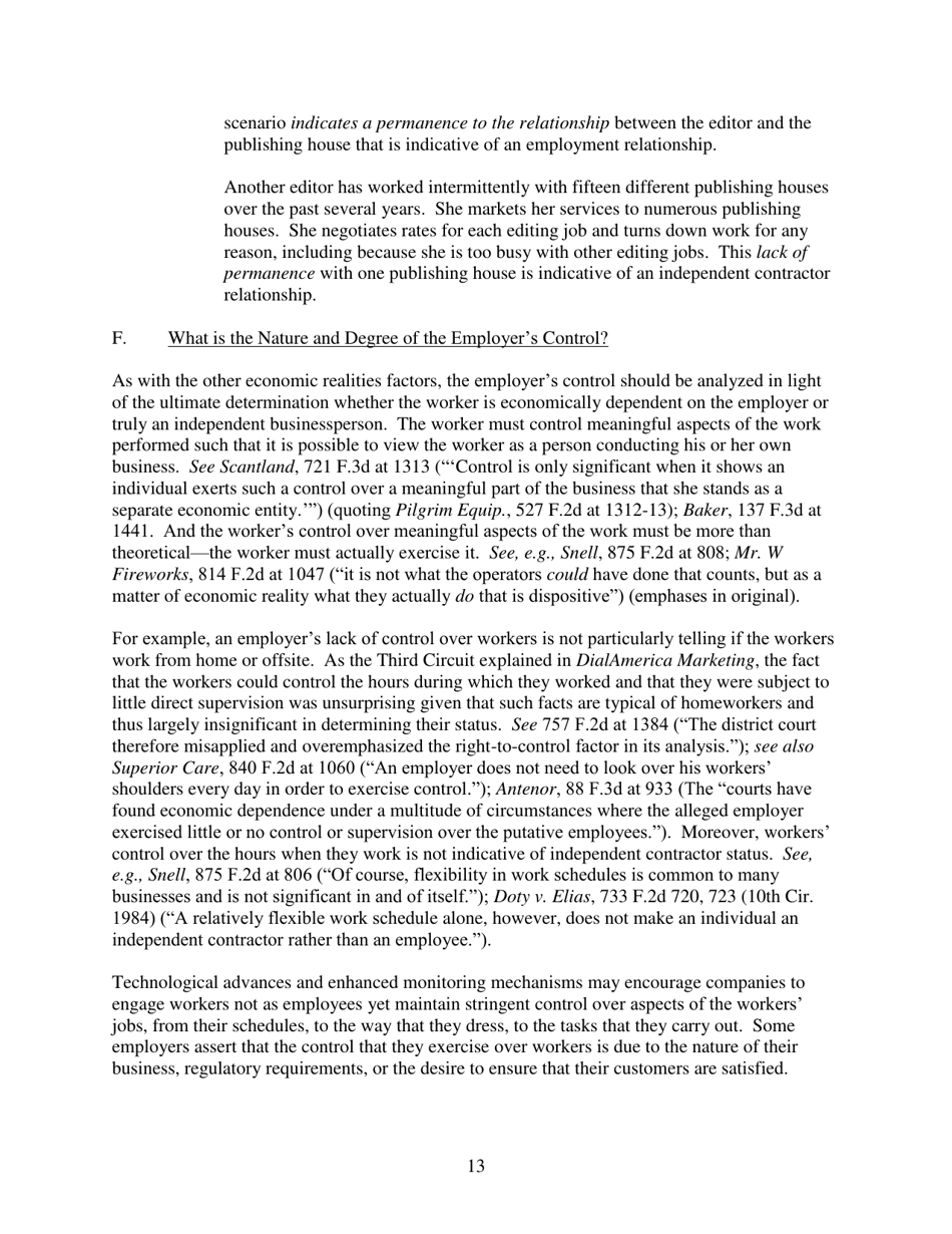 Administrators Interpretation No. 2015-1 - the Application of the Fair Labor Standards Acts suffer or Permit Standard in the Identification of Employees Who Are Misclassified as Independent Contractors, Page 13