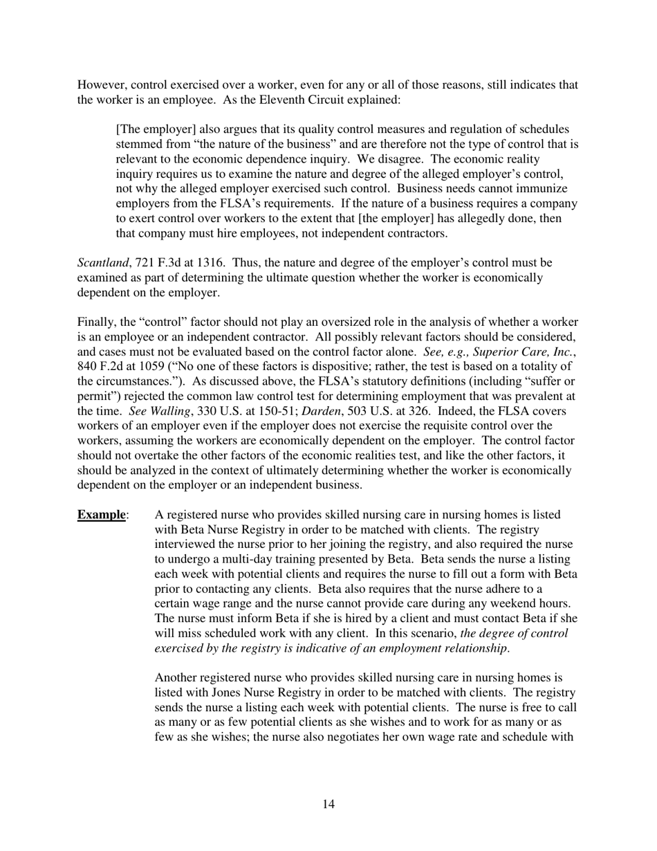 Administrators Interpretation No. 2015-1 - the Application of the Fair Labor Standards Acts suffer or Permit Standard in the Identification of Employees Who Are Misclassified as Independent Contractors, Page 14