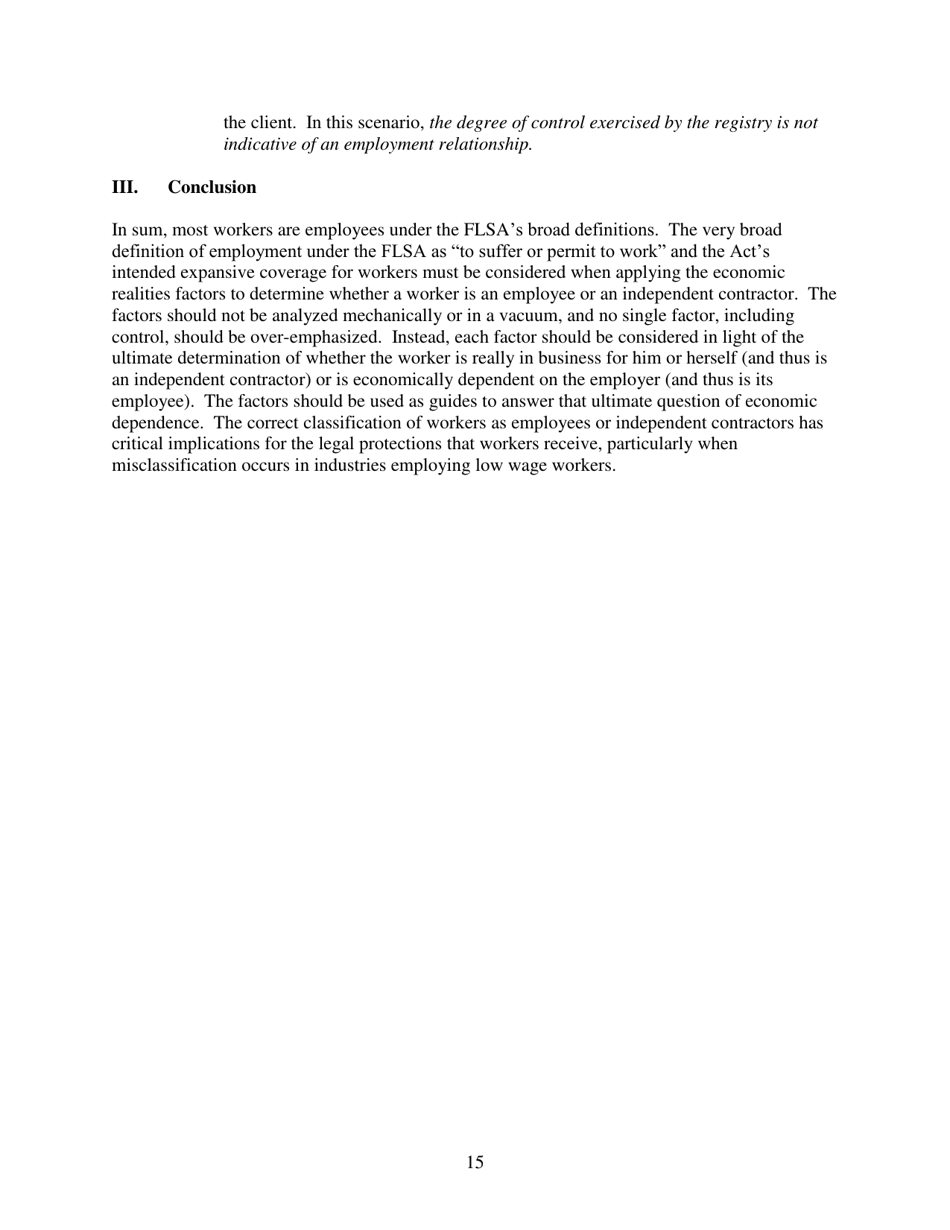 Administrators Interpretation No. 2015-1 - the Application of the Fair Labor Standards Acts suffer or Permit Standard in the Identification of Employees Who Are Misclassified as Independent Contractors, Page 15