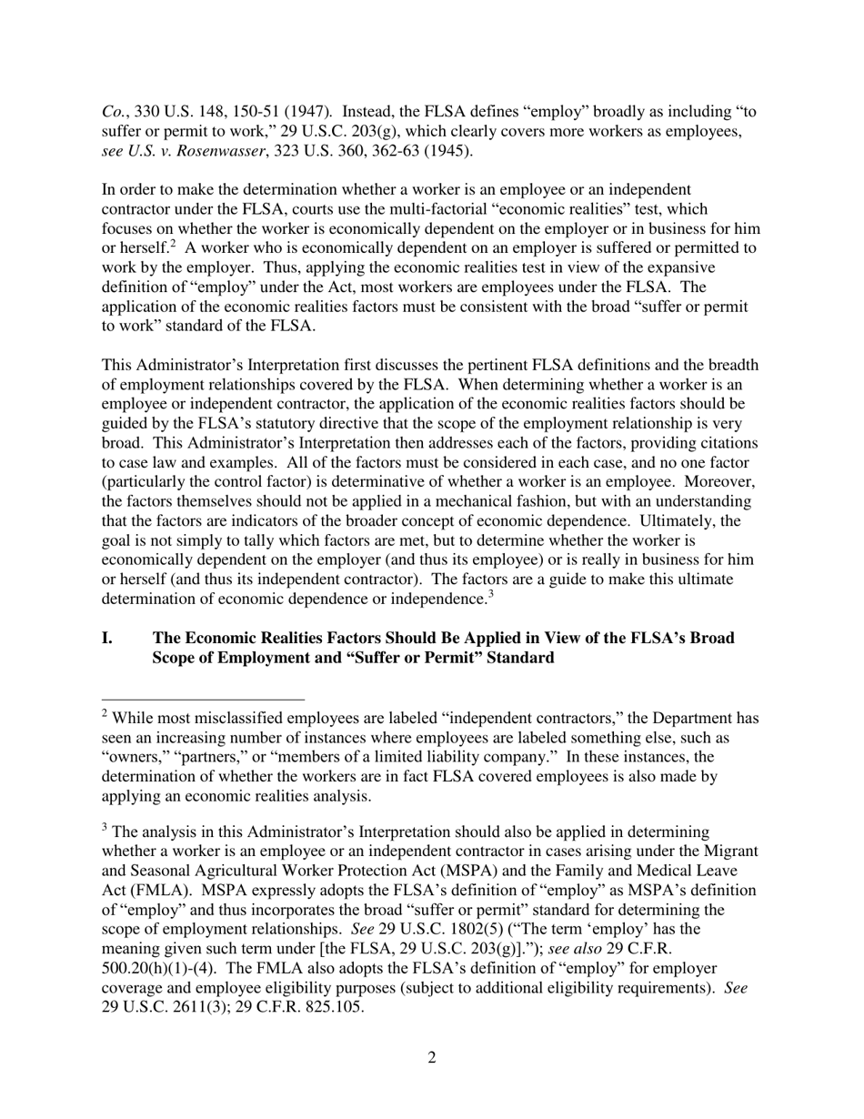 Administrators Interpretation No. 2015-1 - the Application of the Fair Labor Standards Acts suffer or Permit Standard in the Identification of Employees Who Are Misclassified as Independent Contractors, Page 2