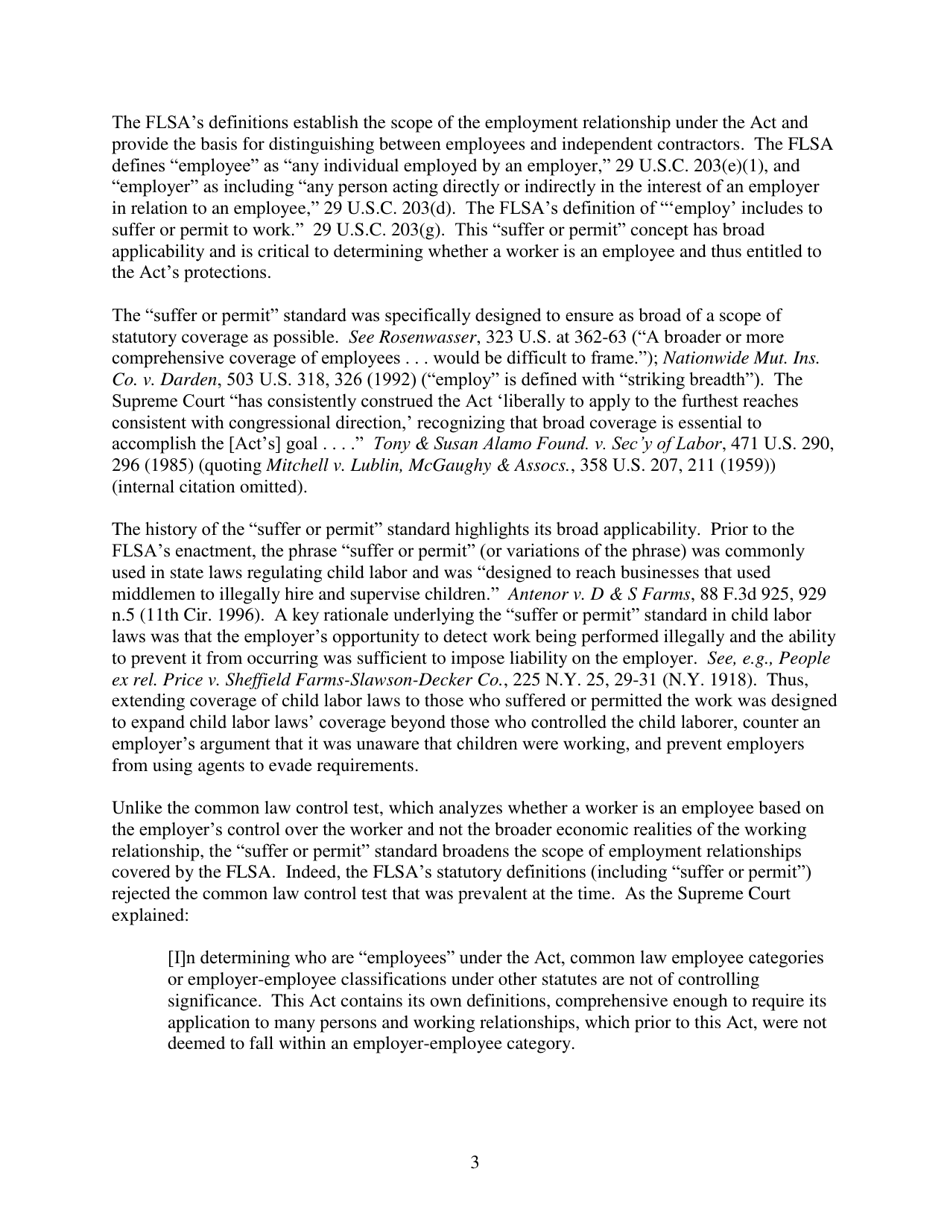 Administrators Interpretation No. 2015-1 - the Application of the Fair Labor Standards Acts suffer or Permit Standard in the Identification of Employees Who Are Misclassified as Independent Contractors, Page 3