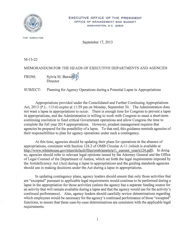 &quot;M-13-22 - Memorandum for the Heads of Executive Departments and Agencies (Planning for Agency Operations During a Potential Lapse in Appropriations)&quot;