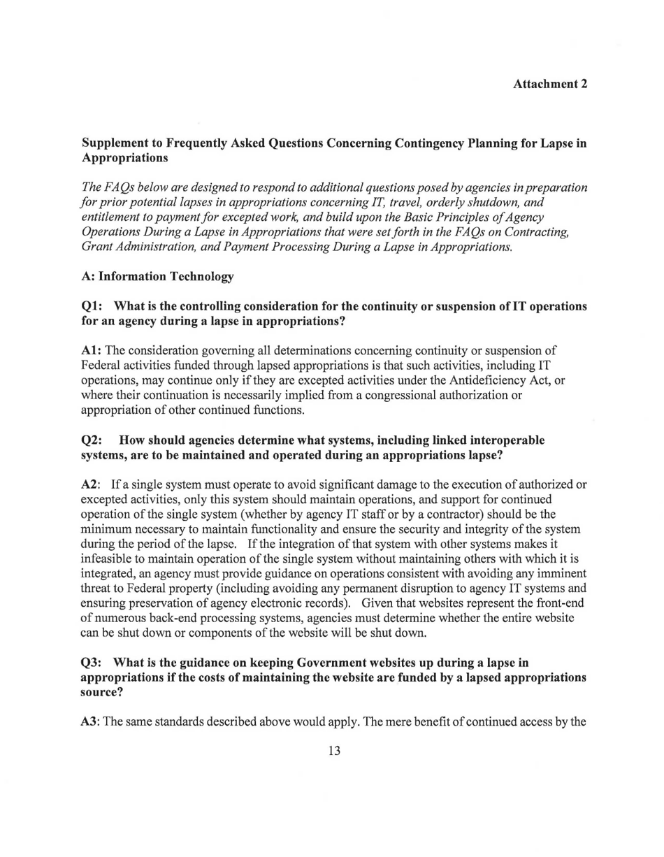 M-13-22 - Memorandum for the Heads of Executive Departments and Agencies (Planning for Agency Operations During a Potential Lapse in Appropriations), Page 13