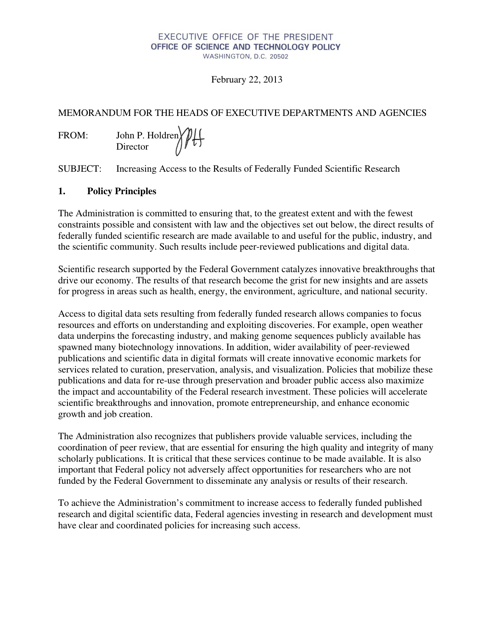Memorandum for the Heads of Executive Departments and Agencies (Increasing Access to the Results of Federally Funded Scientific Research) Download Pdf