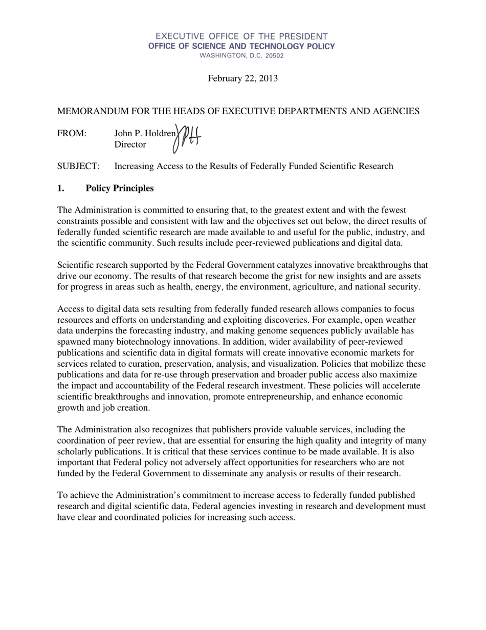Memorandum for the Heads of Executive Departments and Agencies (Increasing Access to the Results of Federally Funded Scientific Research), Page 1