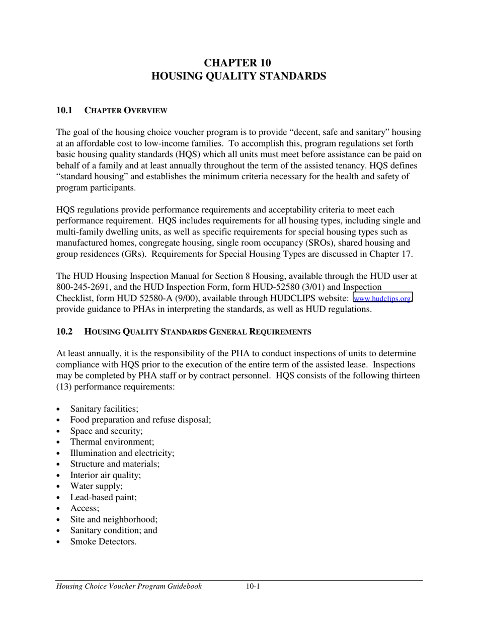 Chapter 10 Housing Quality Standards Housing Choice Voucher Program