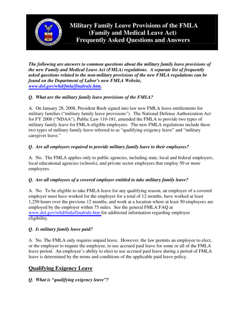 Military Family Leave Provisions of the Fmla (Family and Medical Leave Act) Frequently Asked Questions and Answers Download Pdf
