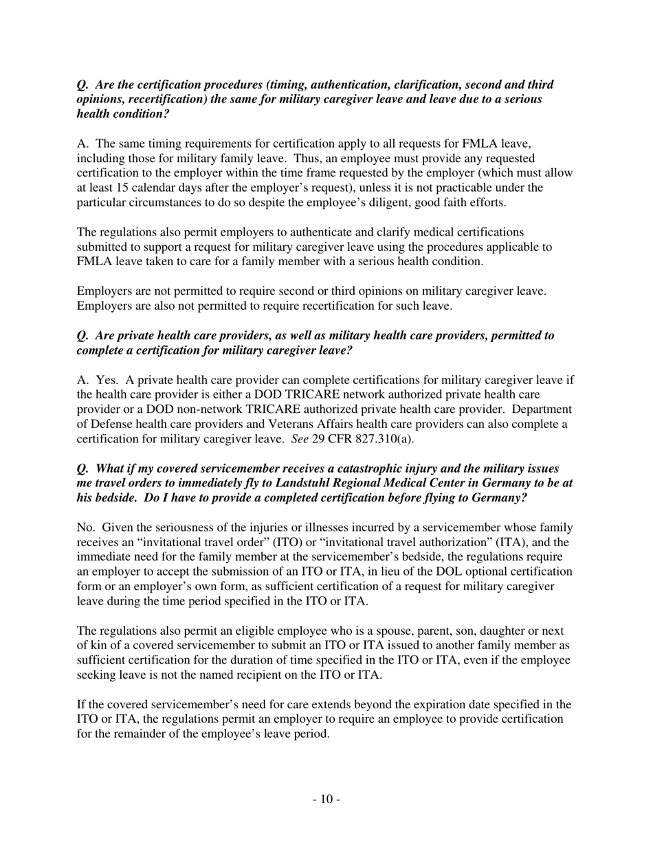 Military Family Leave Provisions of the Fmla (Family and Medical Leave Act) Frequently Asked Questions and Answers, Page 10