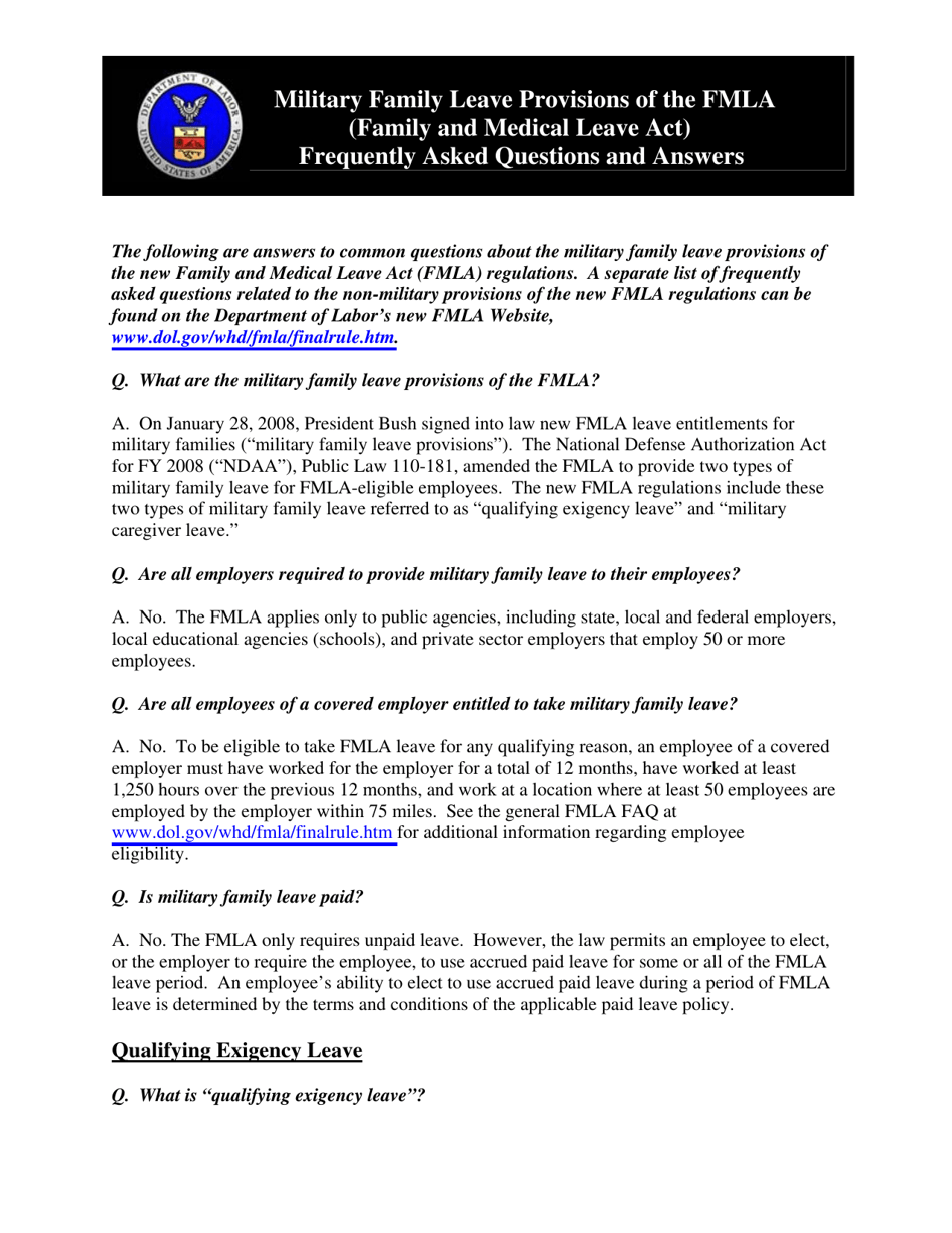 Military Family Leave Provisions of the Fmla (Family and Medical Leave Act) Frequently Asked Questions and Answers, Page 1