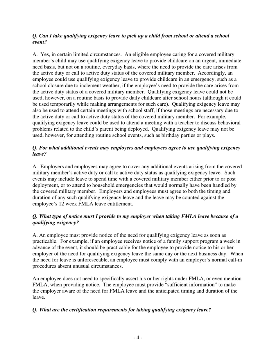 Military Family Leave Provisions of the Fmla (Family and Medical Leave Act) Frequently Asked Questions and Answers, Page 4