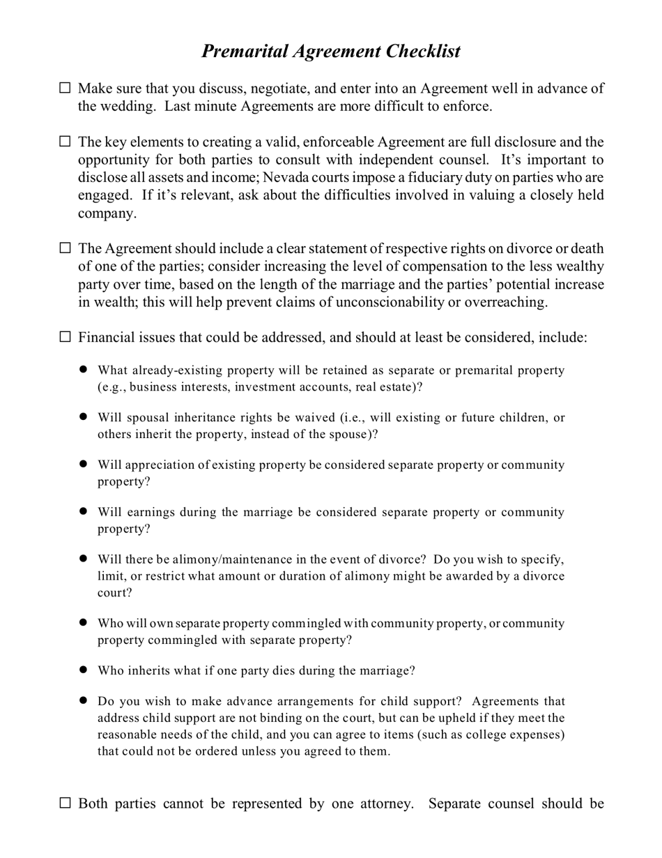 Premarital Agreement Checklist - Willick Law Group, Page 1