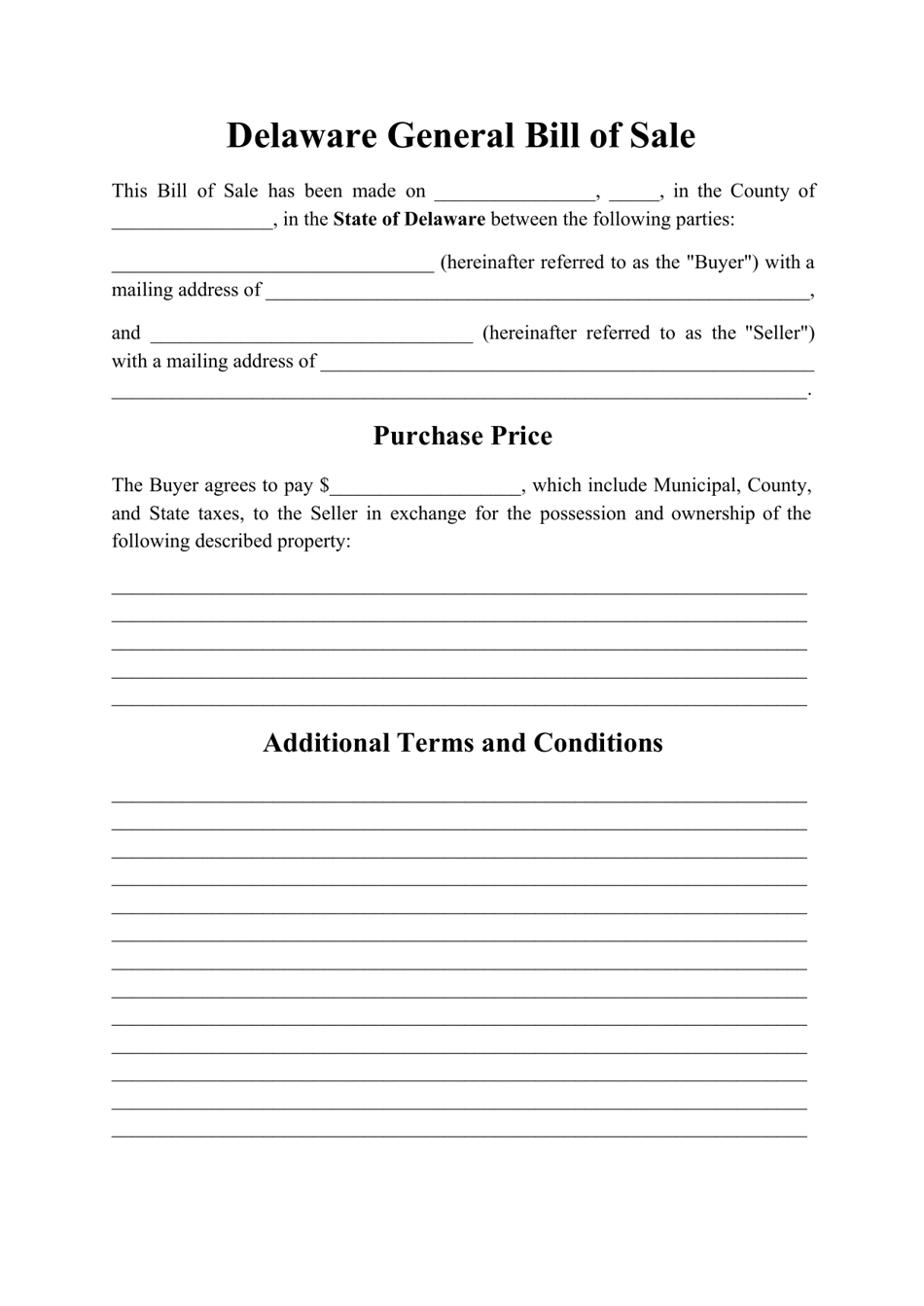 Generic Bill of Sale Form - Delaware, Page 1