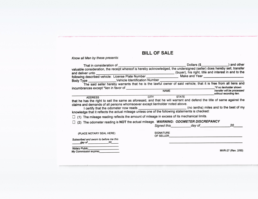 Form MVR27 Download Fillable PDF or Fill Online Vehicle Bill of Sale