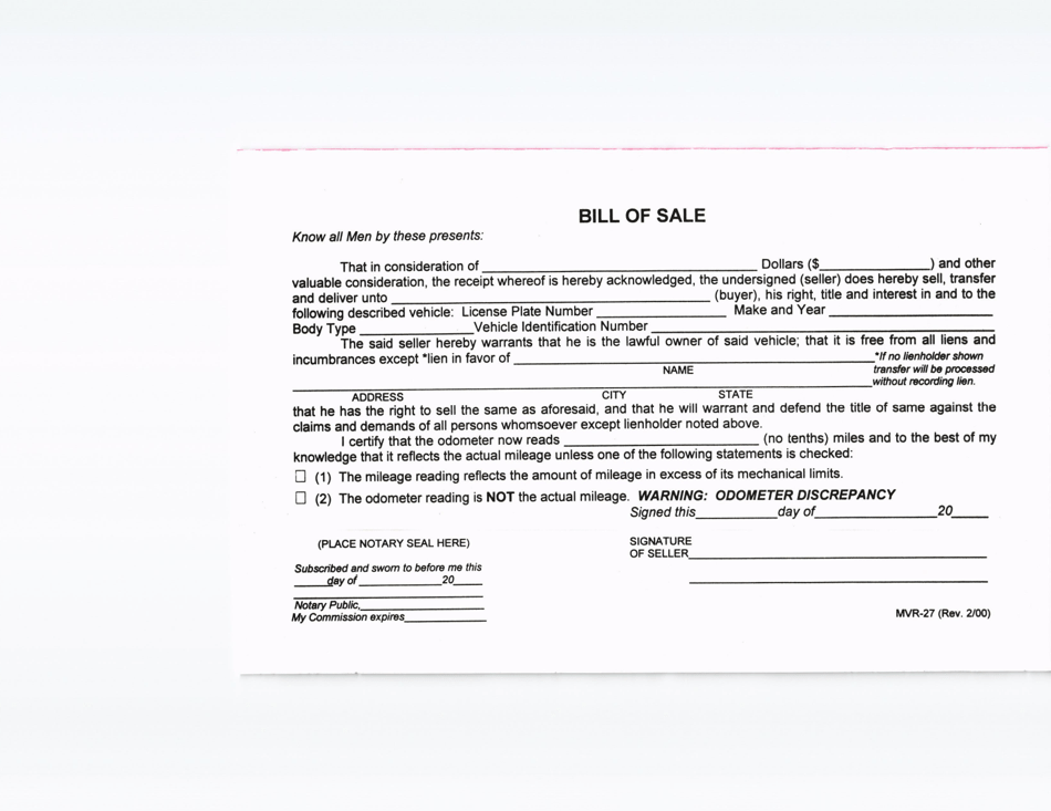 Form MVR-27 Vehicle Bill of Sale - County of Kauai, Hawaii, Page 1