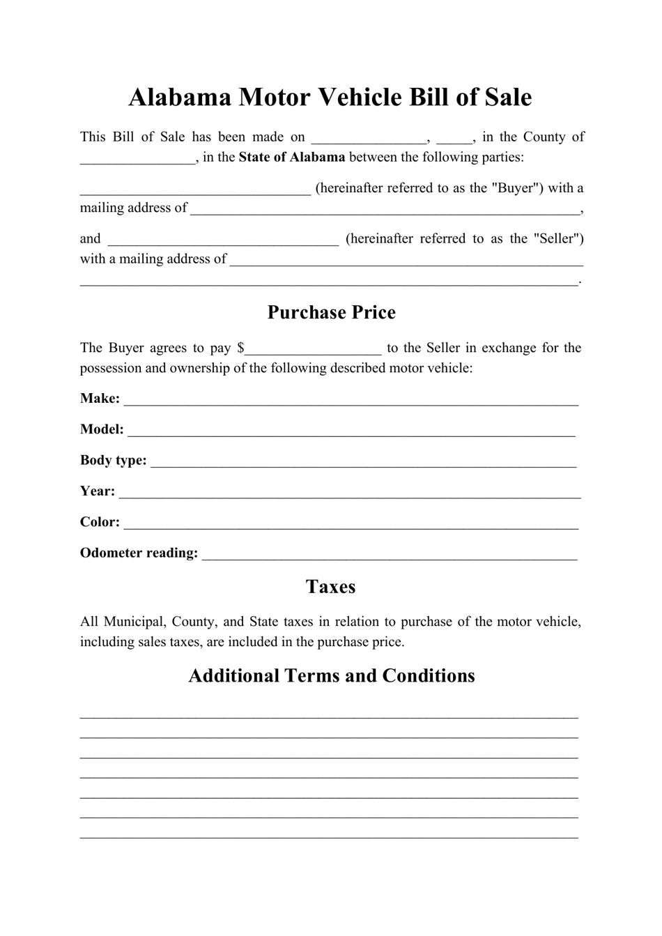 Alabama Motor Vehicle Bill of Sale Form Download Printable PDF