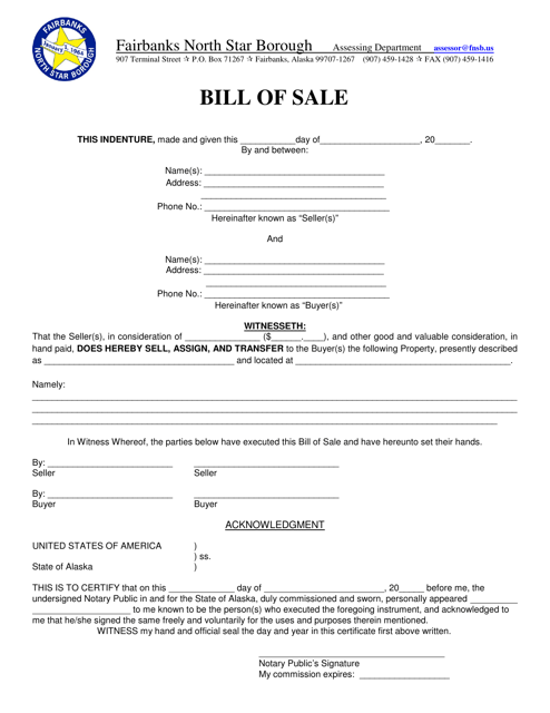 Mobile Home Bill of Sale - Fairbanks North Star Borough, Alaska Download Pdf