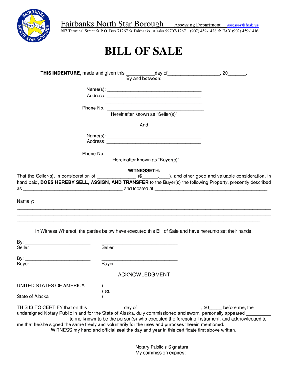 Mobile Home Bill of Sale - Fairbanks North Star Borough, Alaska, Page 1