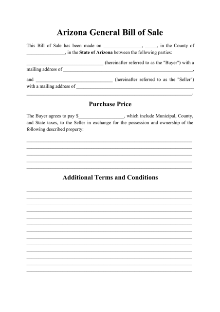 Generic Bill of Sale Form - Arizona Download Pdf