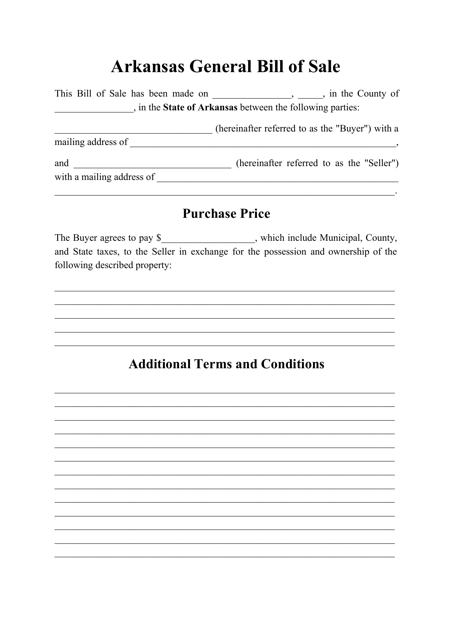 Generic Bill of Sale Form - Arkansas