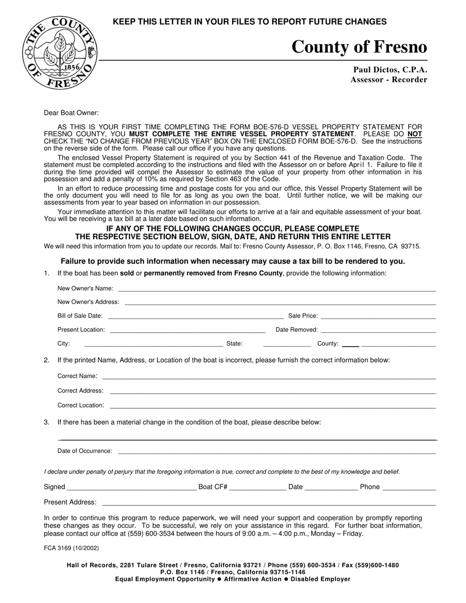 Form FCA3169 Boat Sold or Moved - County of Fresno, California, Page 1