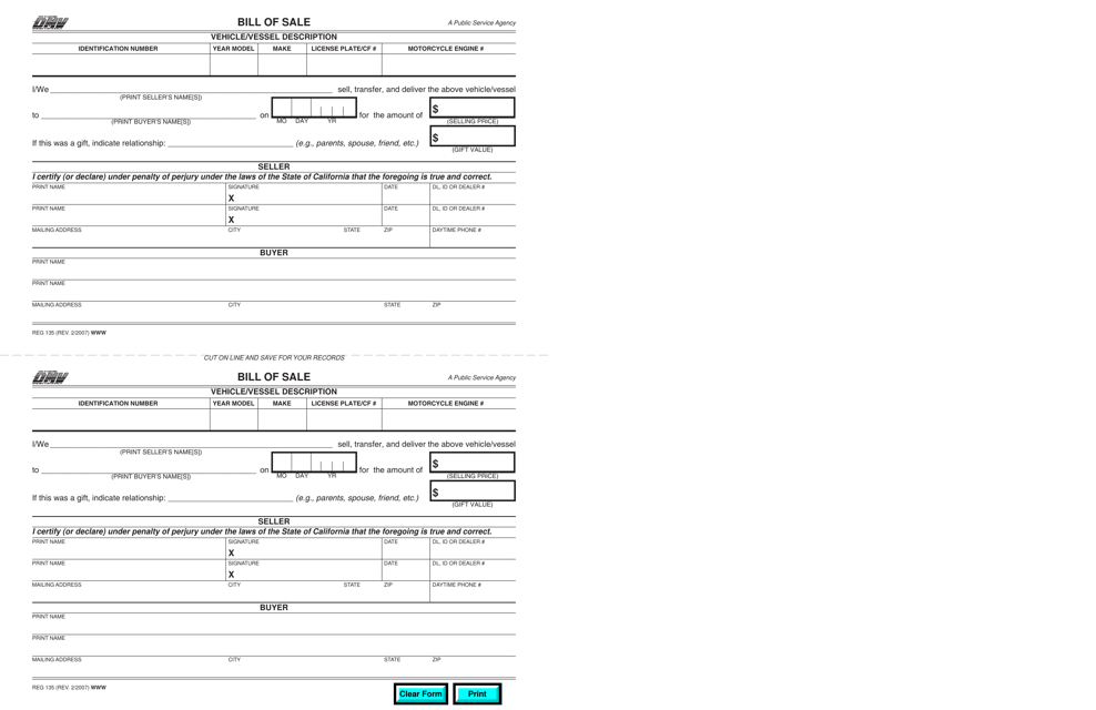 Form REG135 Vehicle/Boat Bill of Sale - California