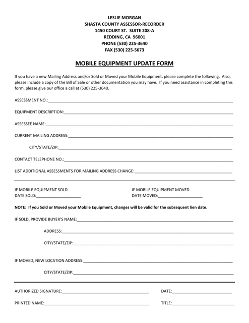 Mobile Equipment Update Form - Shasta County, California