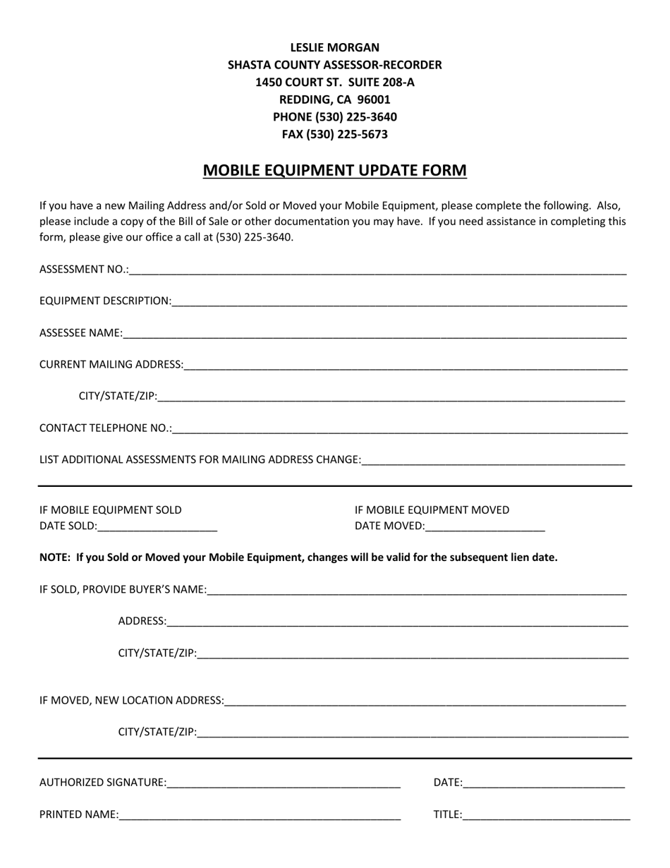 Shasta County, California Mobile Equipment Update Form - Fill Out, Sign 