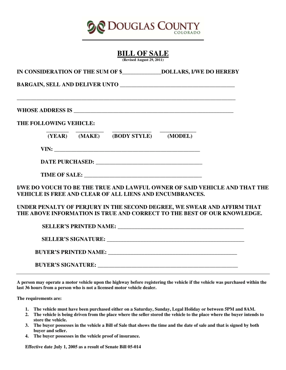 Vehicle Bill of Sale - Douglas County, Colorado, Page 1