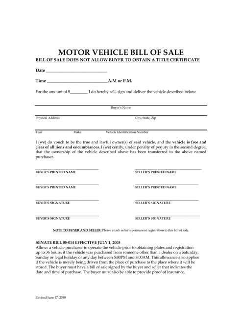 Motor Vehicle Bill of Sale - Eagle County, Colorado