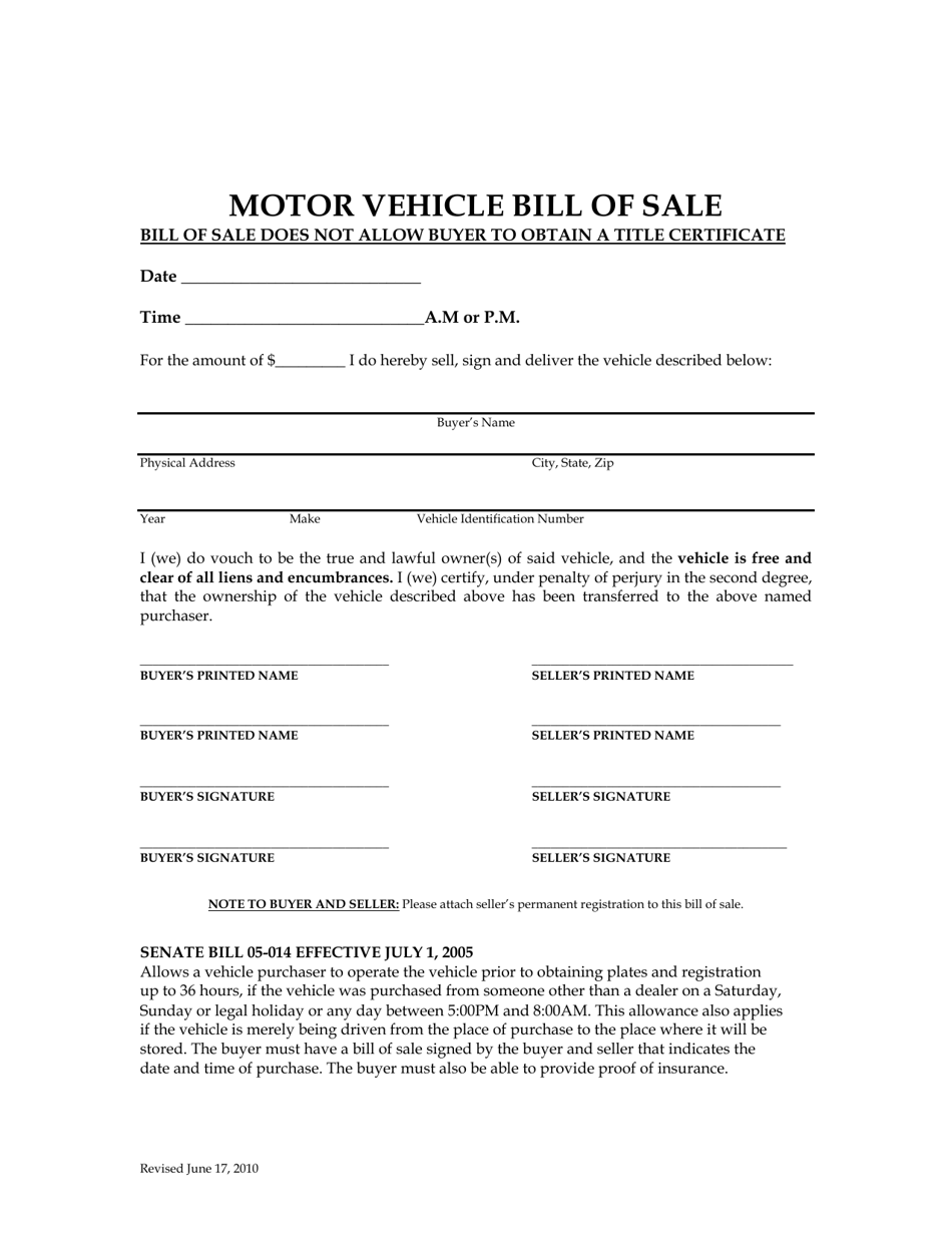 Motor Vehicle Bill of Sale - Eagle County, Colorado, Page 1