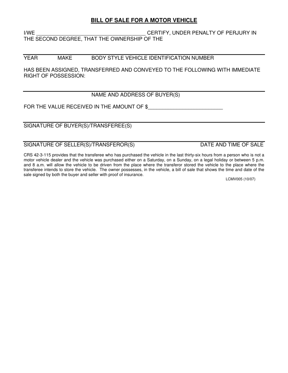 Form LCMV005 Bill of Sale for a Motor Vehicle - Larimer County, Colorado, Page 1