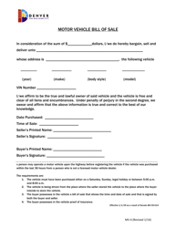 Form MV4 Motor Vehicle Bill of Sale - Denver, Colorado