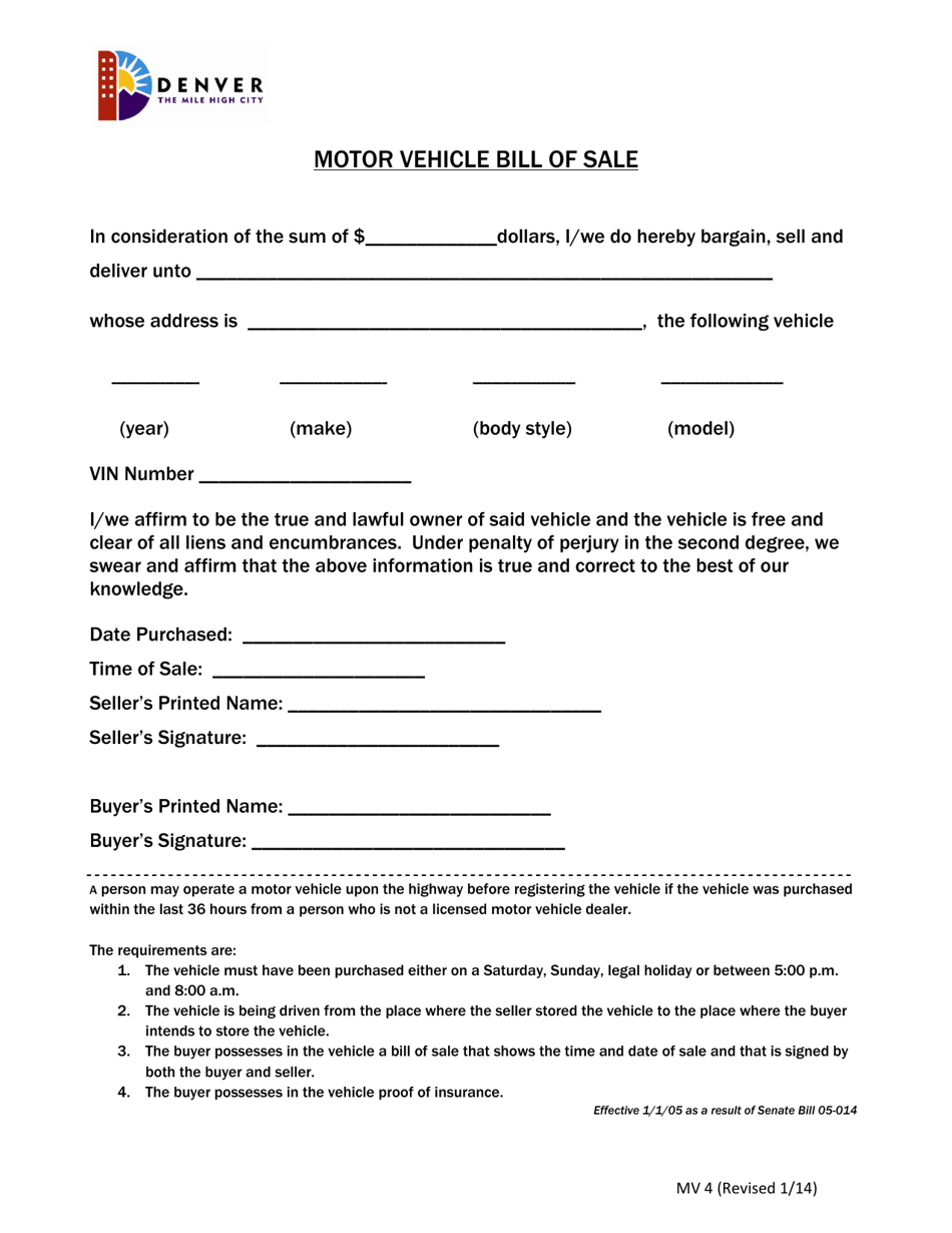 Form MV4 Motor Vehicle Bill of Sale - Denver, Colorado, Page 1