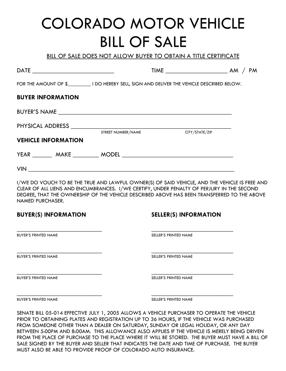 Vehicle Bill of Sale - Summit County, Colorado, Page 1