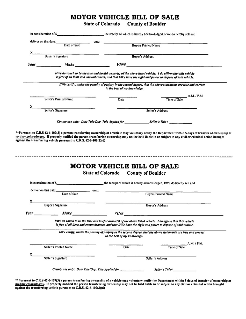 Motor Vehicle Bill of Sale - Boulder County, Colorado, Page 1
