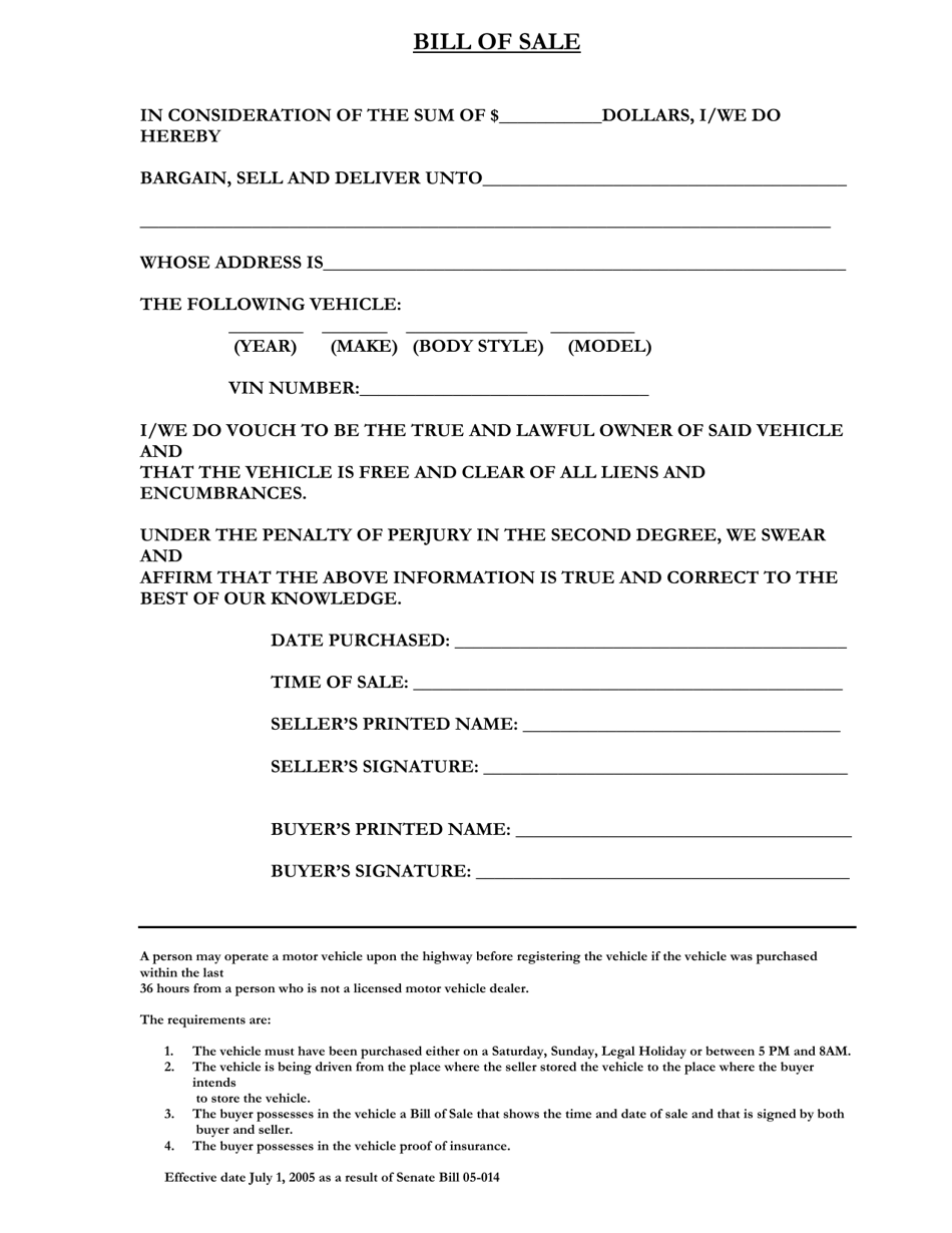 Vehicle Bill of Sale - City and County of Broomfield, Colorado, Page 1