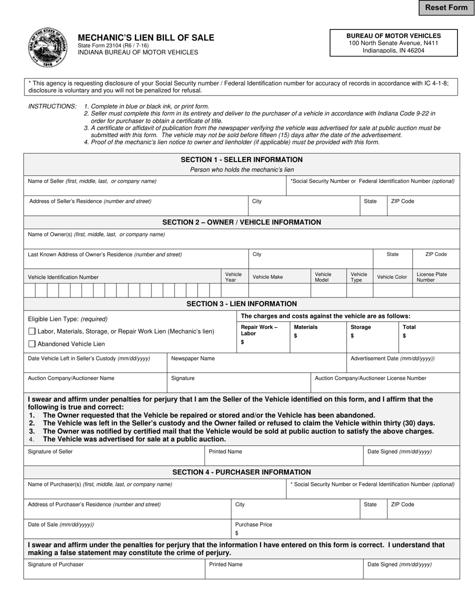 state form 23104 download fillable pdf or fill online mechanic s lien bill of sale indiana templateroller
