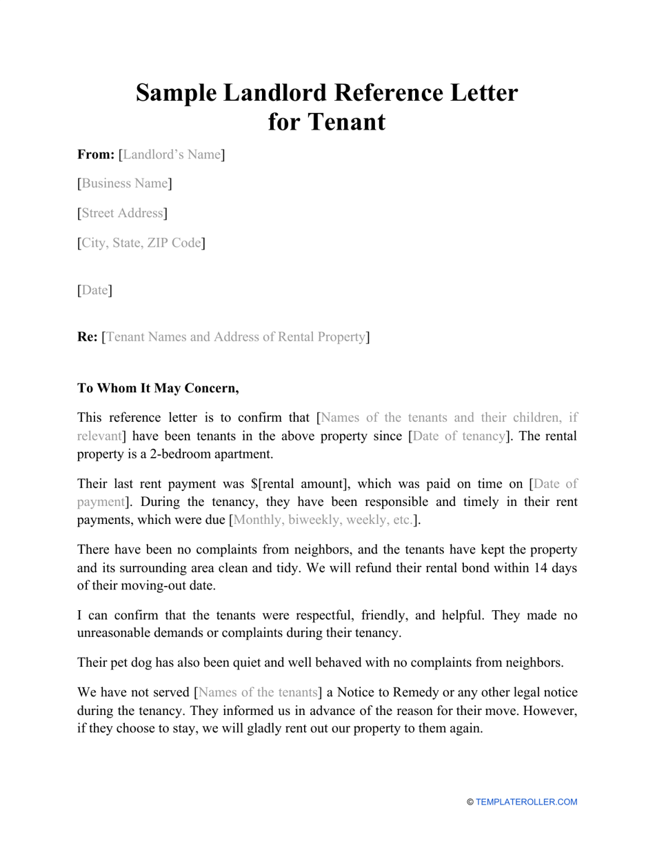 Sample Landlord Reference Letter for Tenant