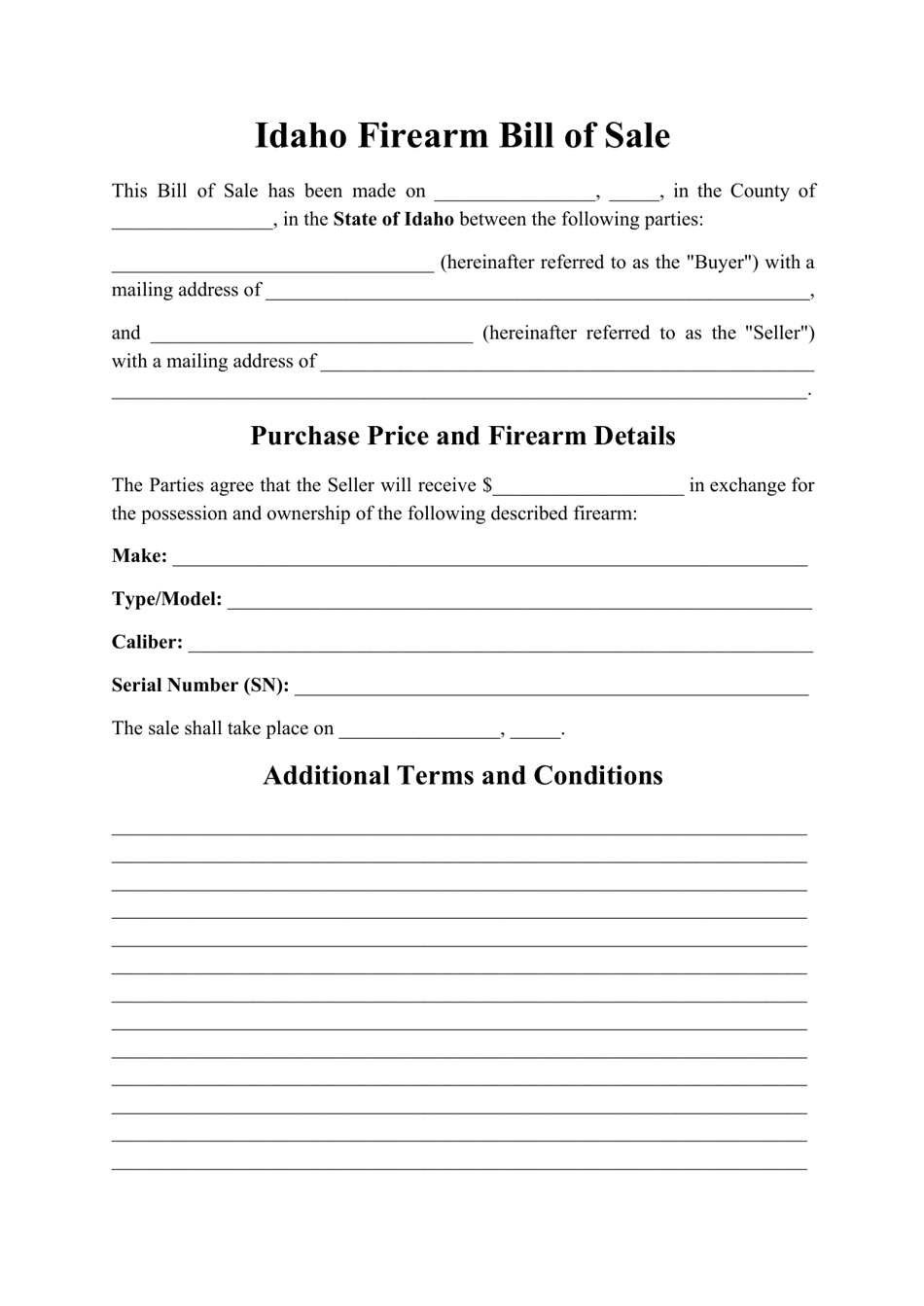 Idaho Firearm Bill Of Sale Form Fill Out Sign Online And Download 