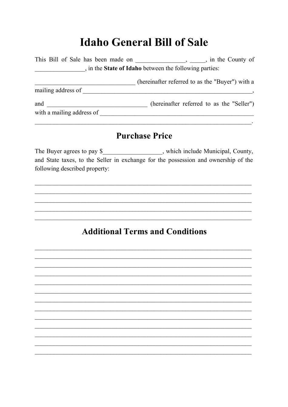 Idaho Generic Bill of Sale Form Download Printable PDF | Templateroller
