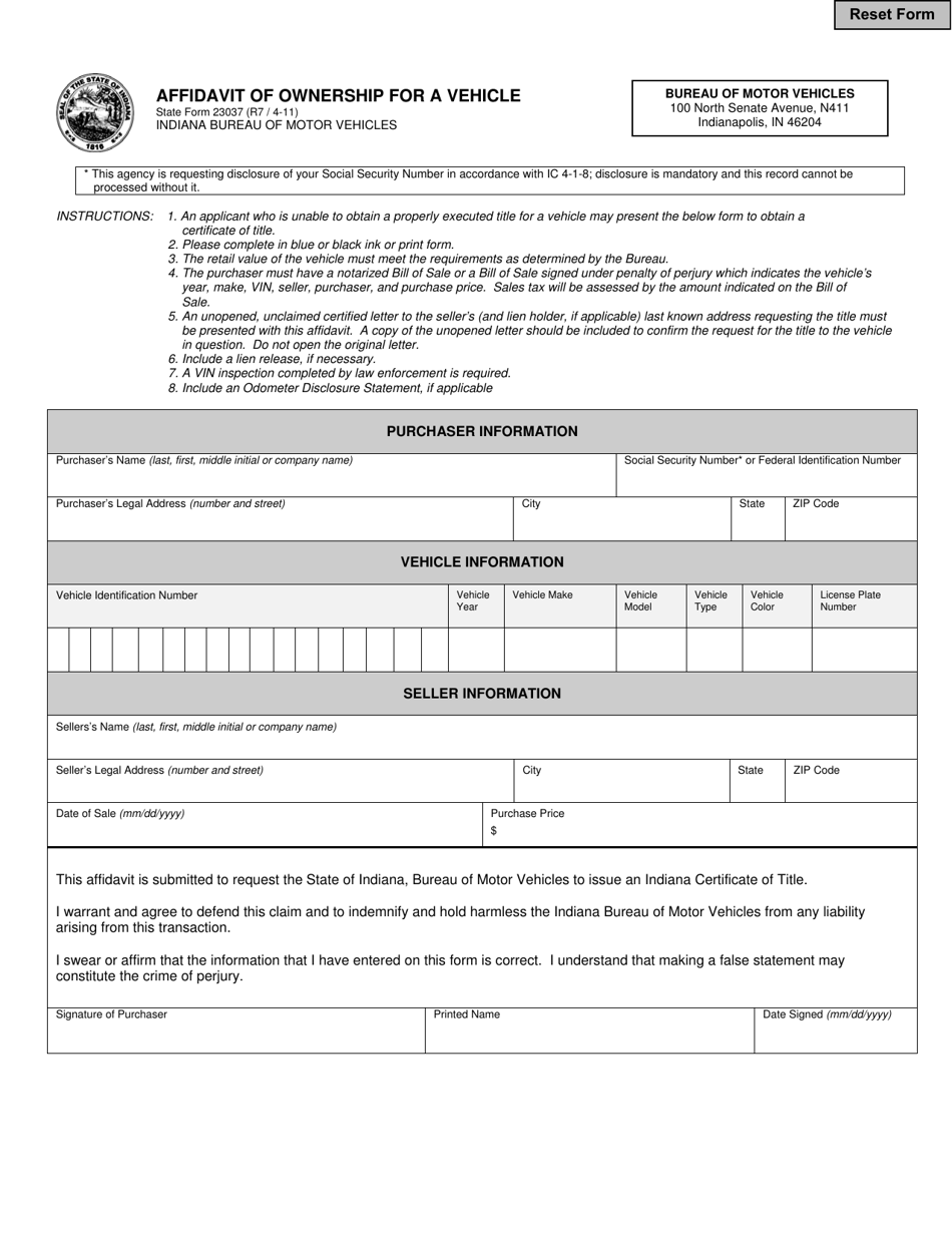 State Form 23037 Affidavit of Ownership for a Vehicle - Indiana, Page 1