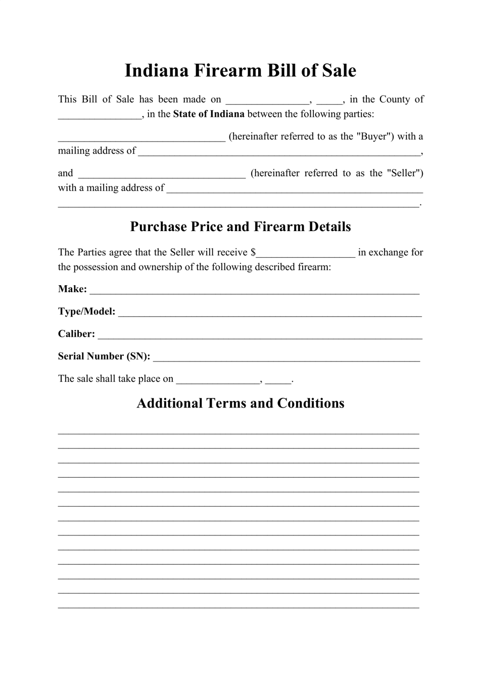 Firearm Bill of Sale Form - Indiana, Page 1